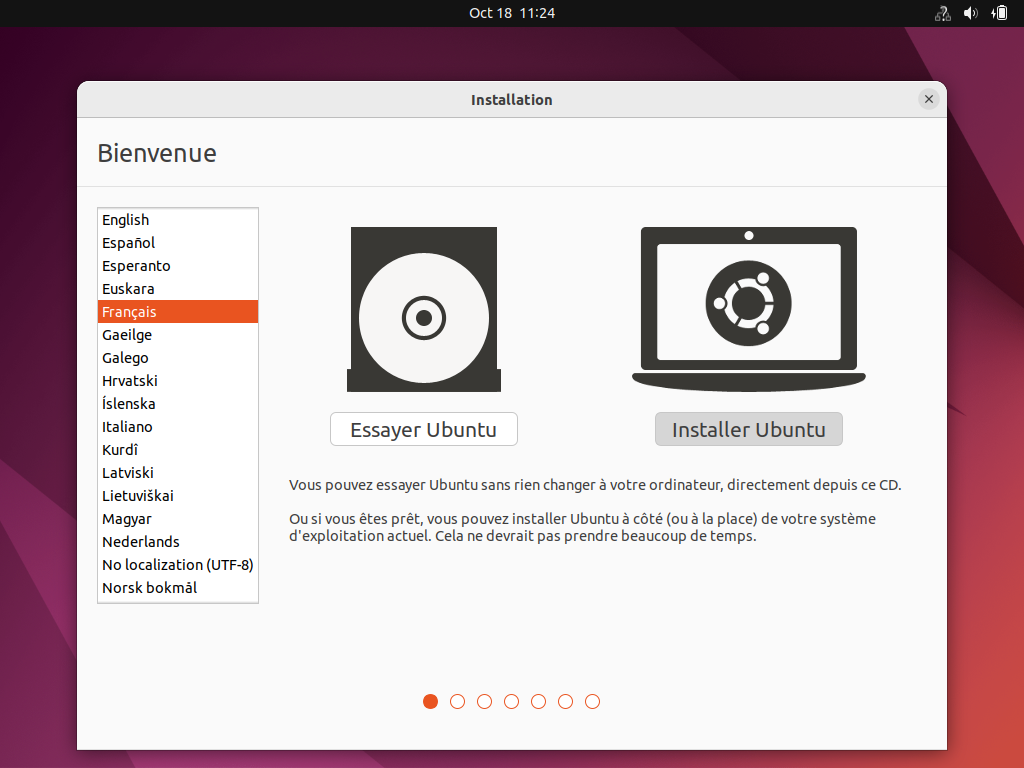 Ecran de démarrage : choisir la langue, et Installer